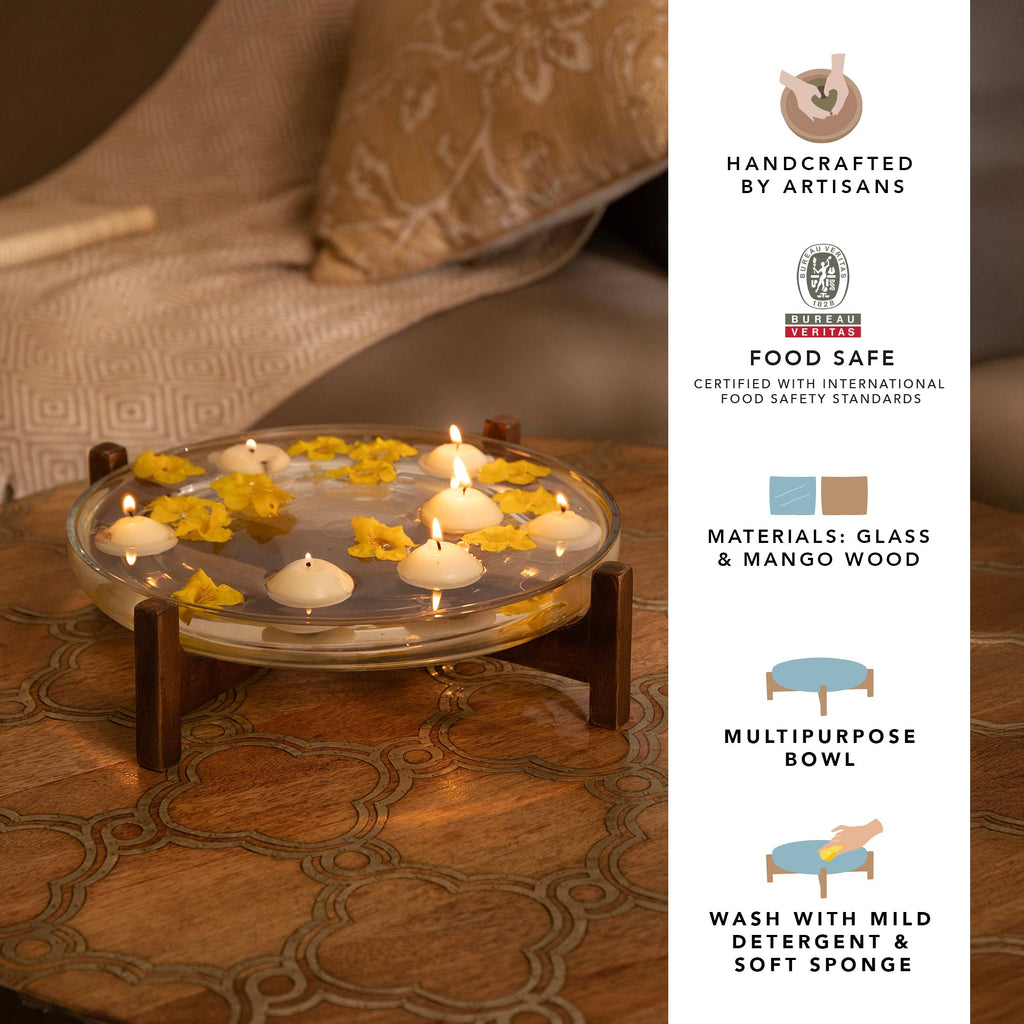 Glass bowl with wooden stand