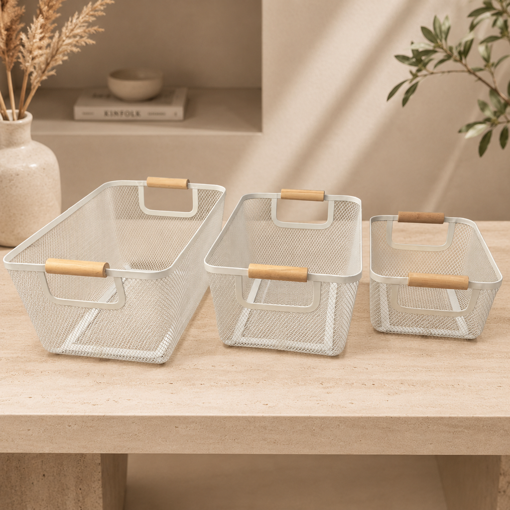Wooden Handle Mesh Basket (3 Pieces Combo)
