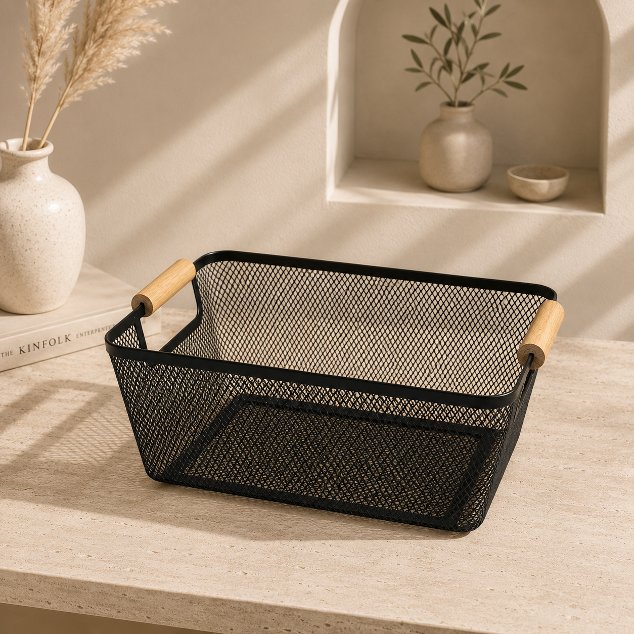 Wooden Handle Mesh Basket - Medium