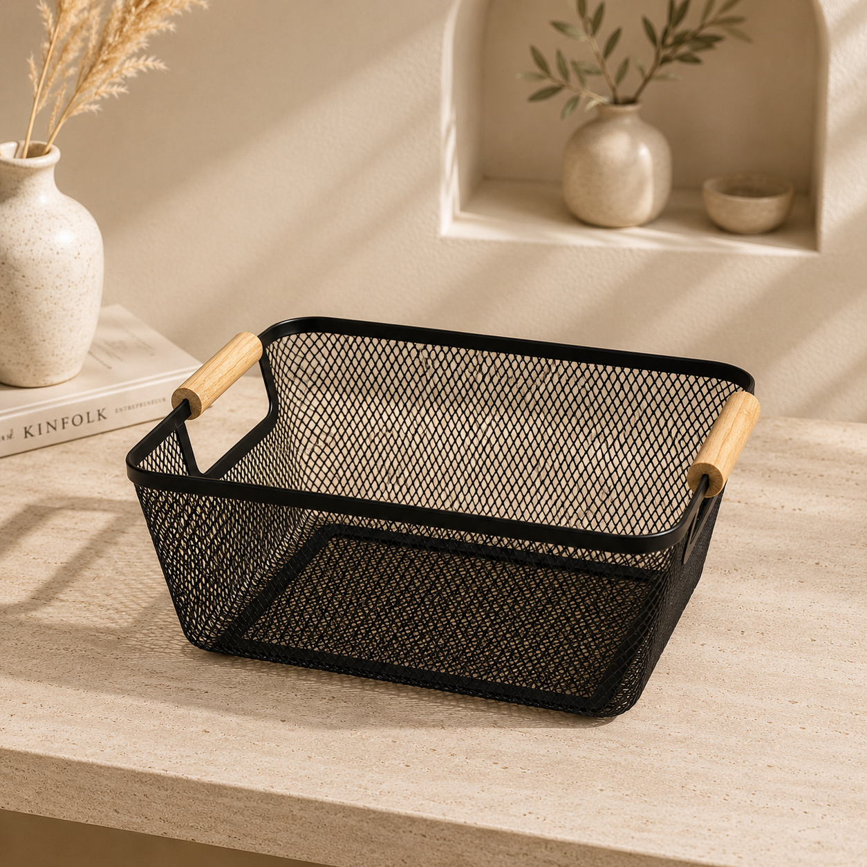 Wooden Handle Mesh Basket - Small