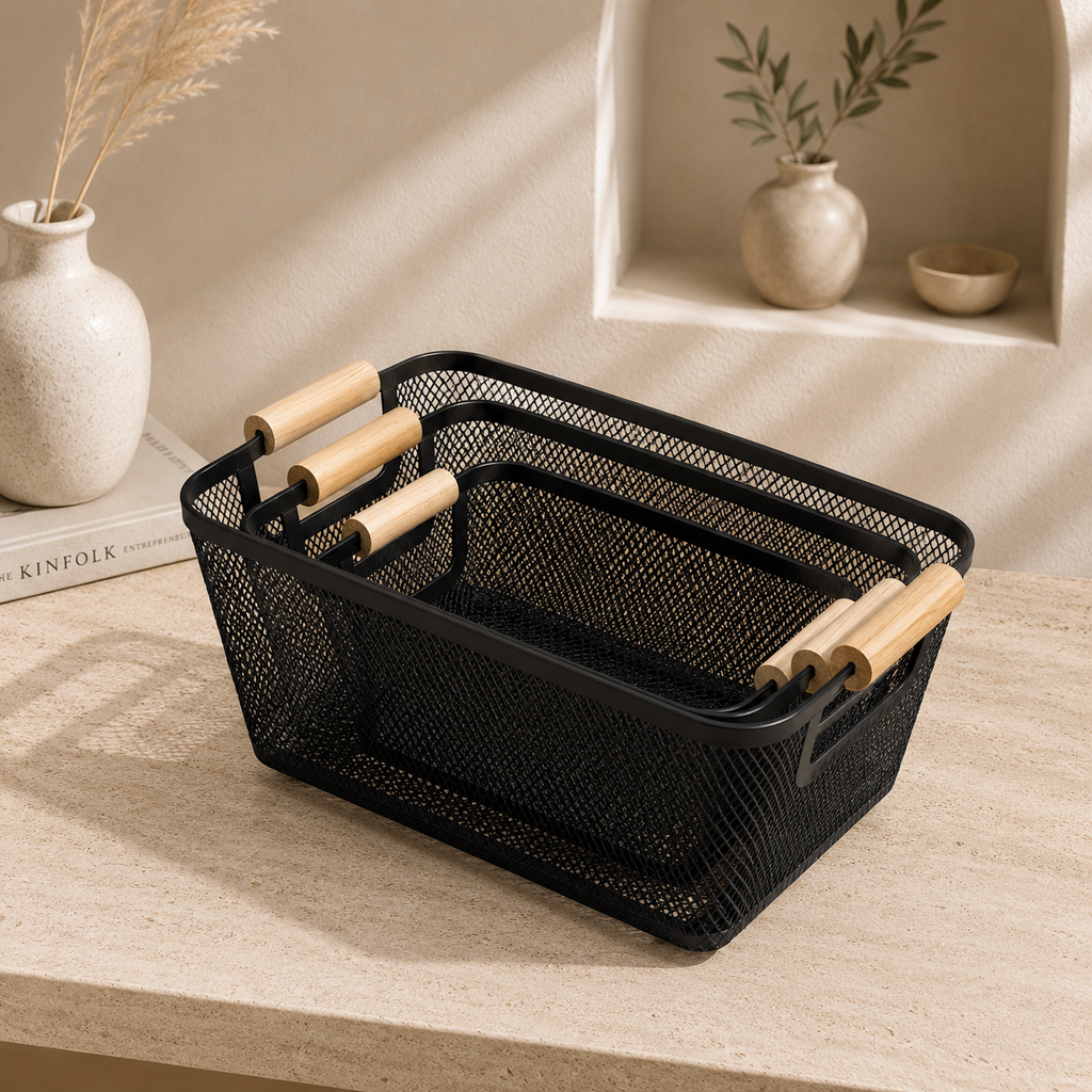 Wooden Handle Mesh Basket (3 Pieces Combo)
