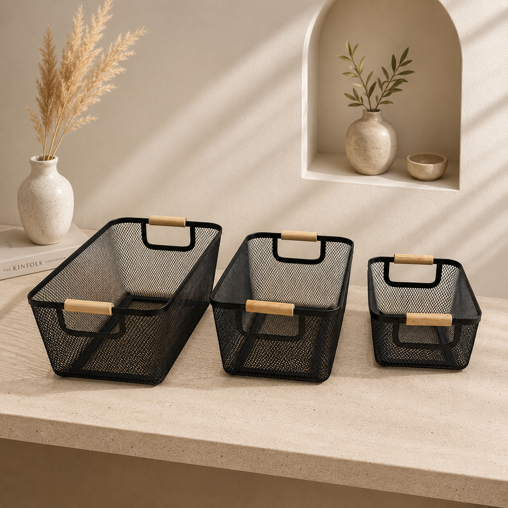 Wooden Handle Mesh Basket (3 Pieces Combo)