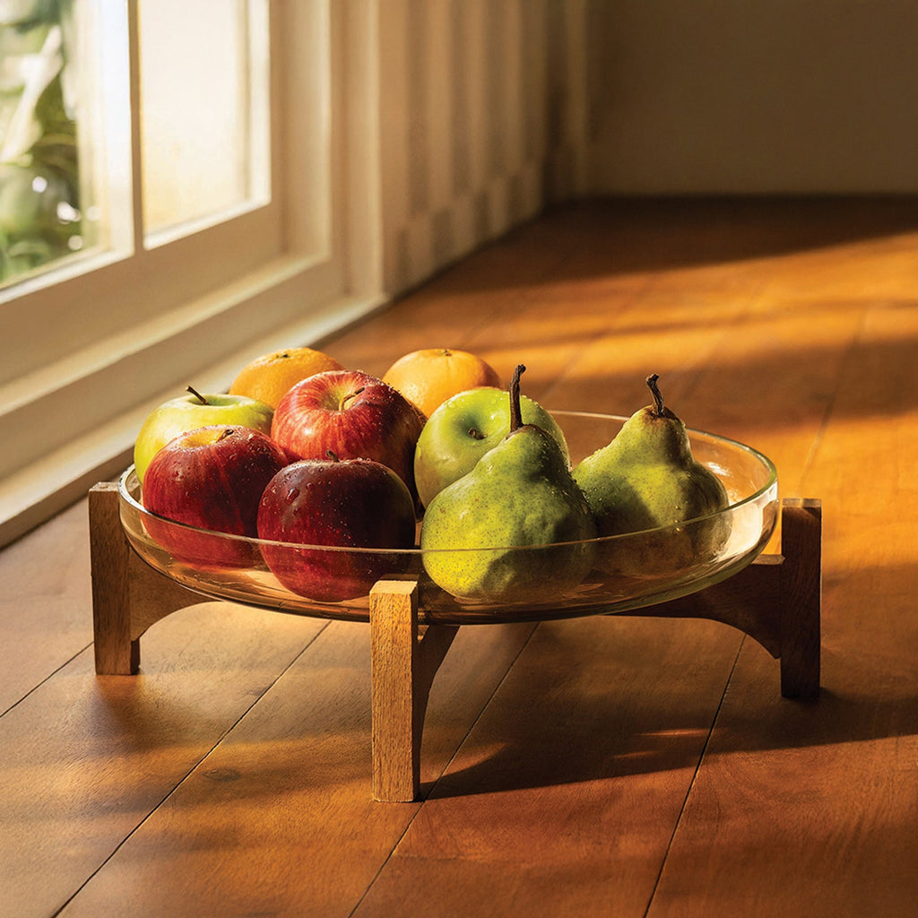 Glass bowl with wooden stand