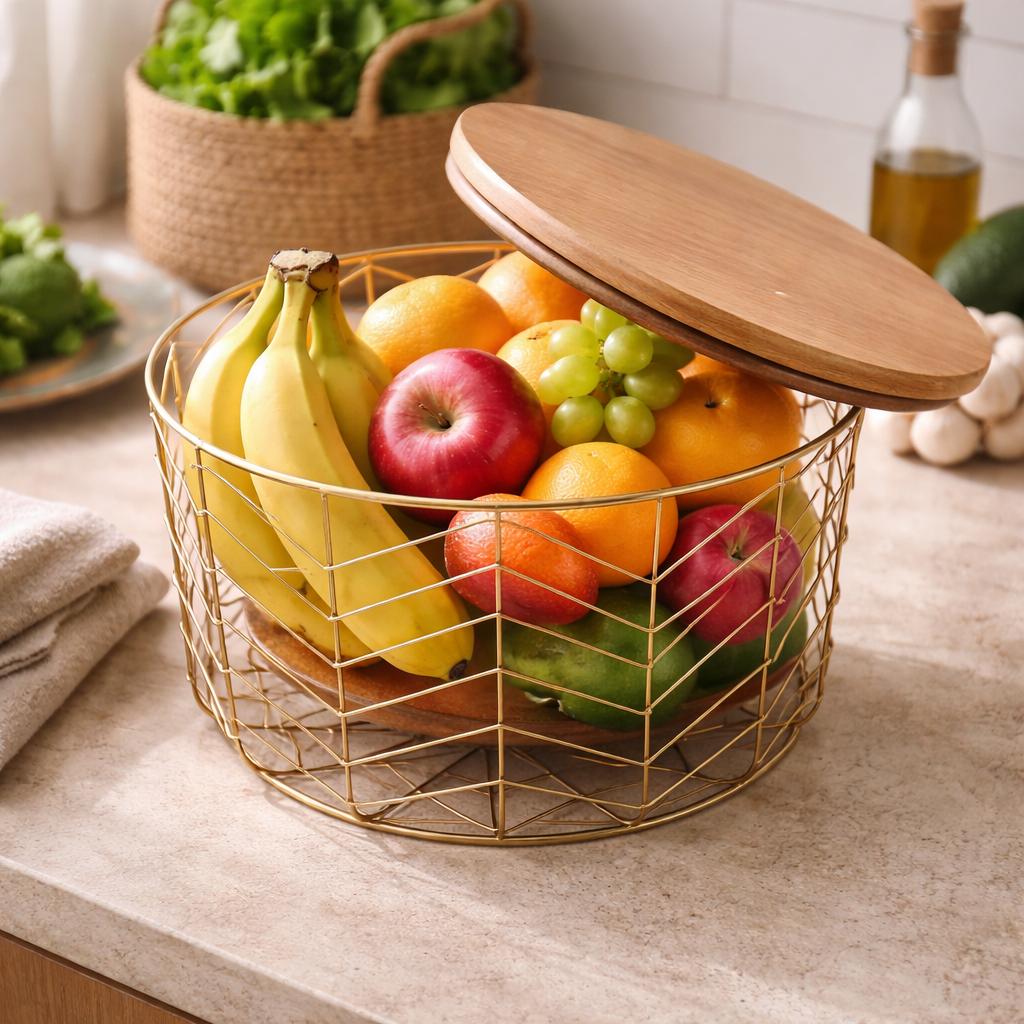 Metal wire Basket with Wooden lid